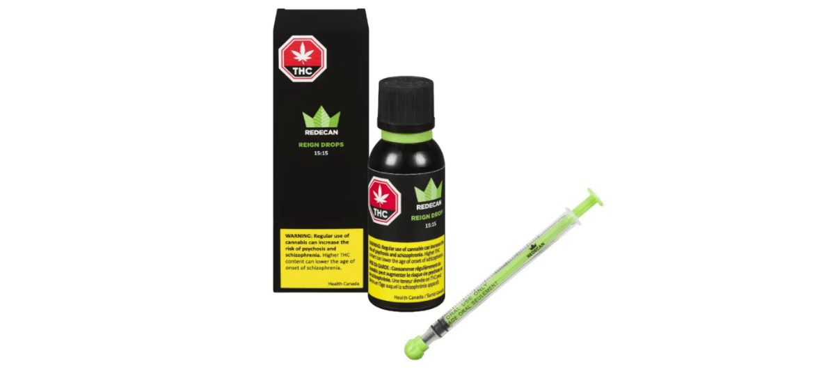 Reign Drops from Redecan are golden-coloured oil drops containing equal amounts of THC and CBD (15 ml/mg each). 